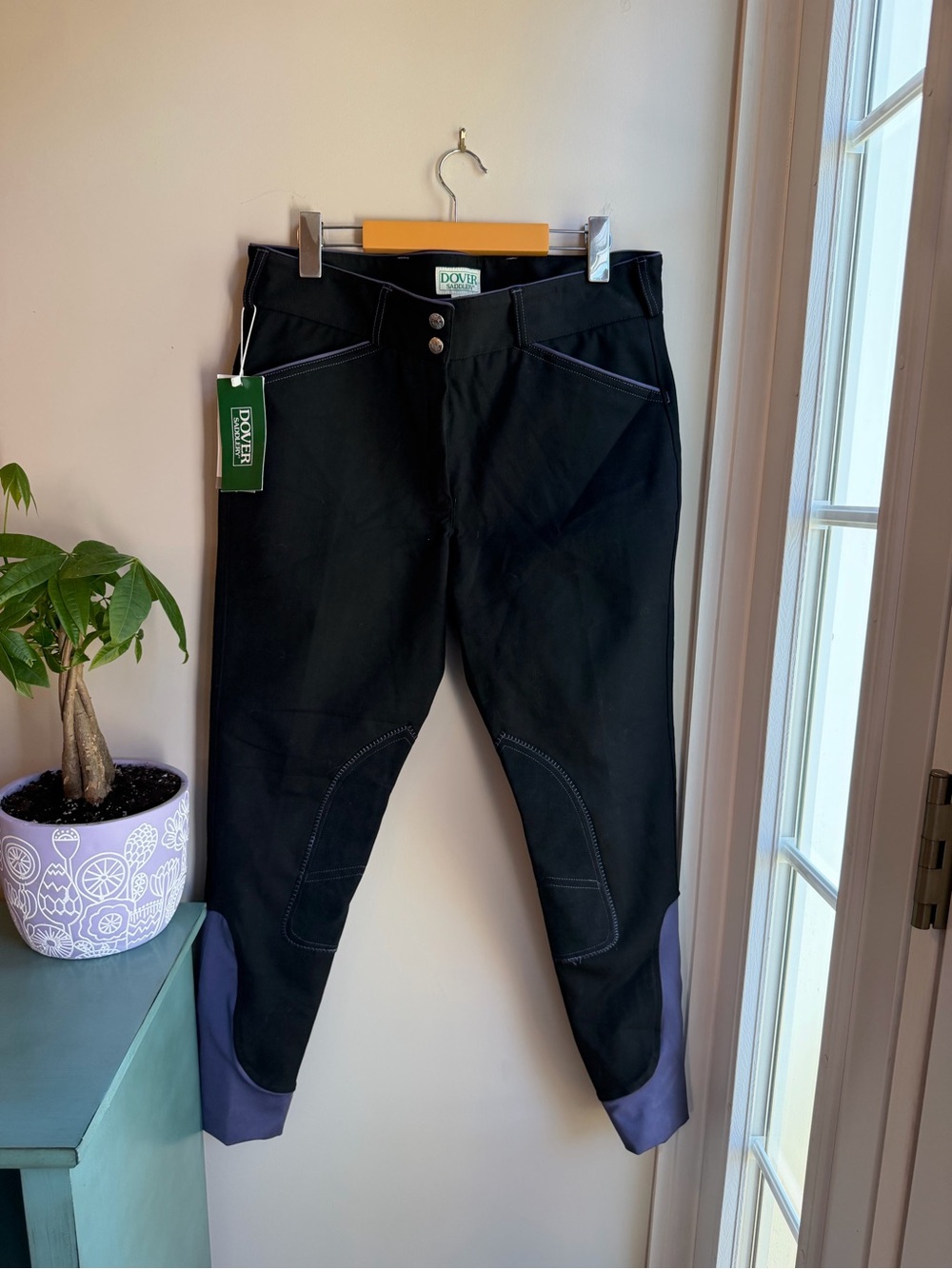 Dover Saddlery Black Equestrian Breeches with Purple Cuffs